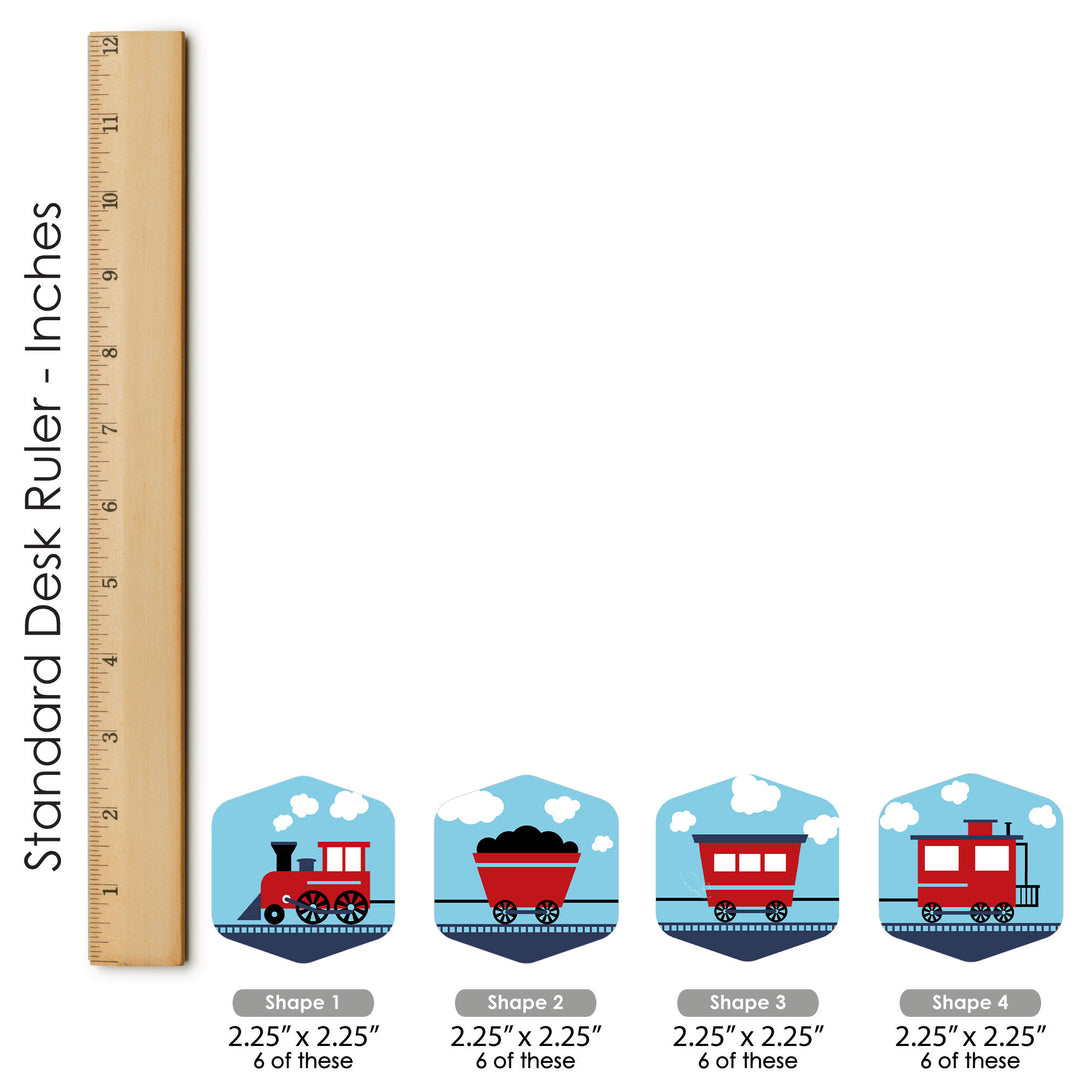 Railroad Party Crossing - Steam Train Birthday Party or Baby Shower Scavenger Hunt - 1 Stand and 48 Game Pieces - Hide and Find Game