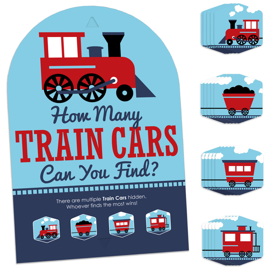 Railroad Party Crossing - Steam Train Birthday Party or Baby Shower Scavenger Hunt - 1 Stand and 48 Game Pieces - Hide and Find Game