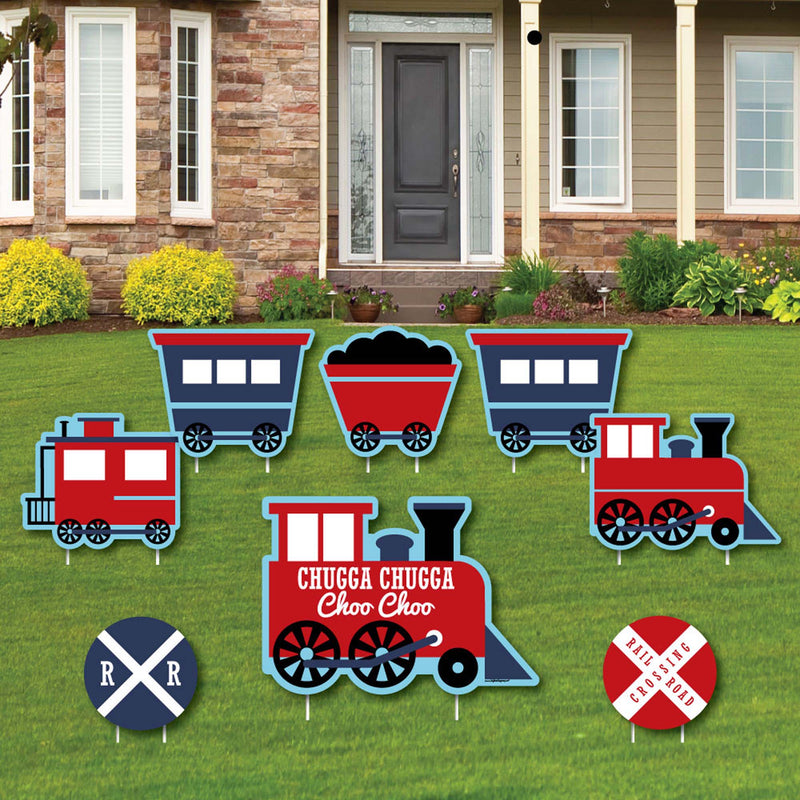 Railroad Party Crossing - Yard Sign & Outdoor Lawn Decorations - Steam Train Birthday Party or Baby Shower Yard Signs - Set of 8