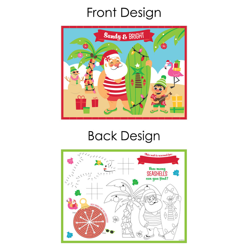Tropical Christmas - Paper Beach Santa Holiday Party Coloring Sheets - Activity Placemats - Set of 16