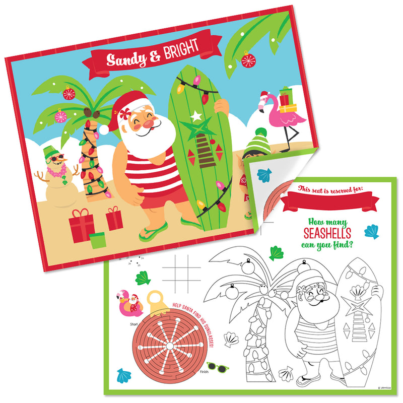 Tropical Christmas - Paper Beach Santa Holiday Party Coloring Sheets - Activity Placemats - Set of 16