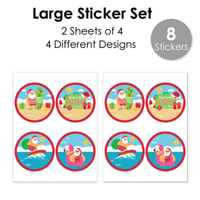 Tropical Christmas - Round Beach Santa Holiday Party To and From Gift Tags - Large Stickers - Set of 8