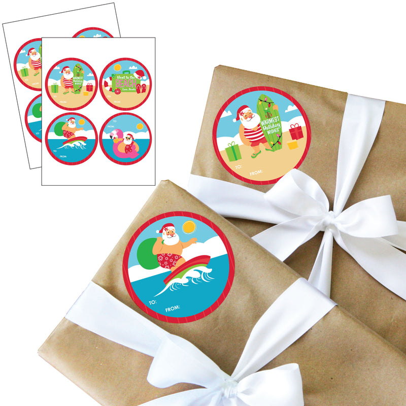 Tropical Christmas - Round Beach Santa Holiday Party To and From Gift Tags - Large Stickers - Set of 8