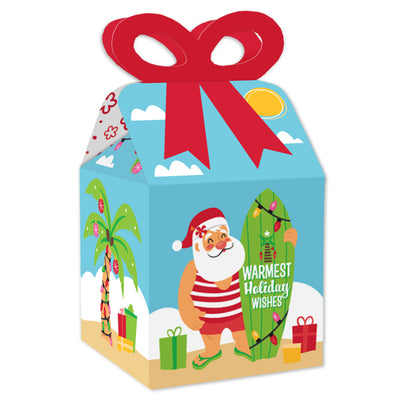 Tropical Christmas - Square Favor Gift Boxes - Beach Santa Holiday Party Bow Boxes - Set of 12