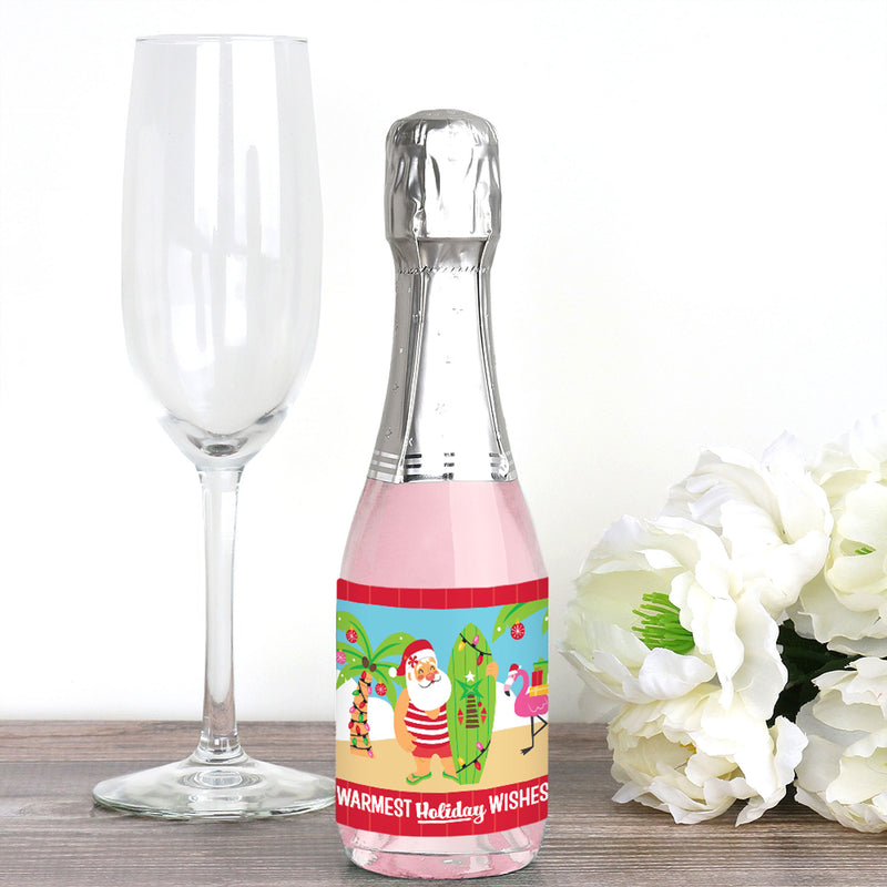Tropical Christmas - Mini Wine and Champagne Bottle Label Stickers - Beach Santa Holiday Party Favor Gift for Women and Men - Set of 16
