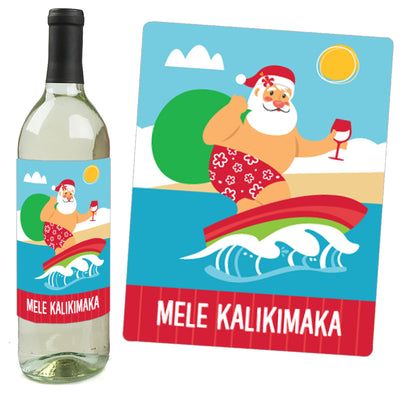 Tropical Christmas - Beach Santa Holiday Party Decorations for Women and Men - Wine Bottle Label Stickers - Set of 4