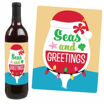 Tropical Christmas - Beach Santa Holiday Party Decorations for Women and Men - Wine Bottle Label Stickers - Set of 4