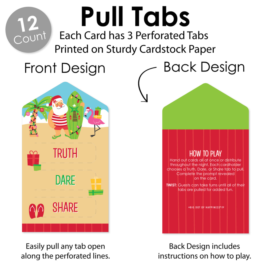 Tropical Christmas - Beach Santa Holiday Party Game Pickle Cards - Truth, Dare, Share Pull Tabs - Set of 12