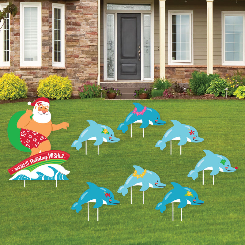 Tropical Christmas - Yard Sign and Outdoor Lawn Decorations - Beach Santa Holiday Party Yard Signs - Set of 8