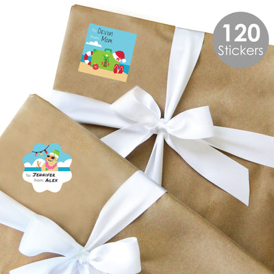 Tropical Christmas - Assorted Beach Santa Holiday Party Gift Tag Labels - To and From Stickers - 12 Sheets - 120 Stickers