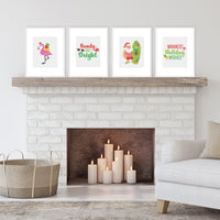 Tropical Christmas - Unframed Beach Santa and Flamingo Holiday Linen Paper Wall Art - Set of 4 - Artisms - 8 x 10 inches
