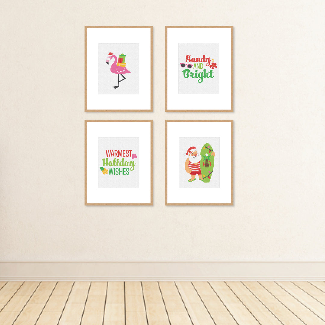 Tropical Christmas - Unframed Beach Santa and Flamingo Holiday Linen Paper Wall Art - Set of 4 - Artisms - 8 x 10 inches