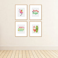 Tropical Christmas - Unframed Beach Santa and Flamingo Holiday Linen Paper Wall Art - Set of 4 - Artisms - 8 x 10 inches