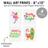 Tropical Christmas - Unframed Beach Santa and Flamingo Holiday Linen Paper Wall Art - Set of 4 - Artisms - 8 x 10 inches