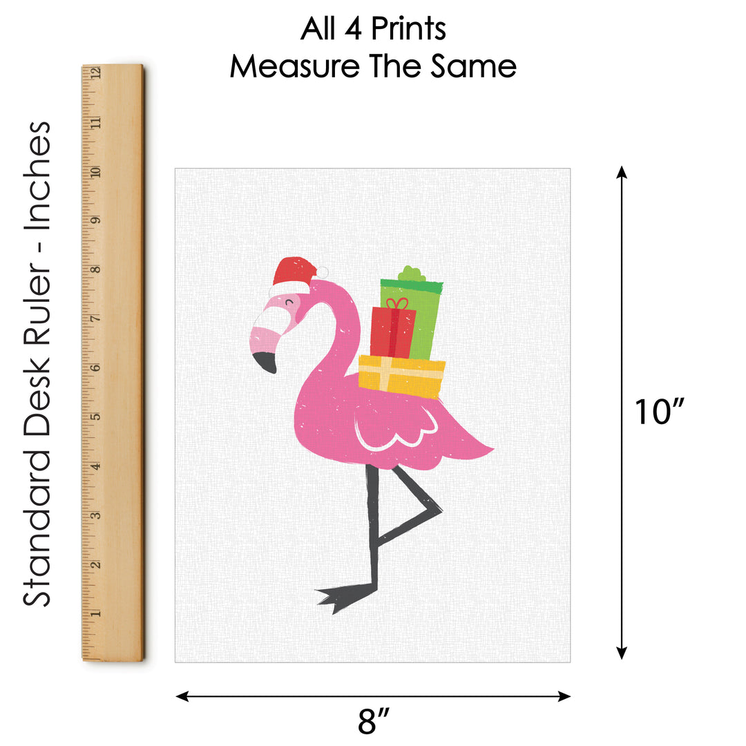 Tropical Christmas - Unframed Beach Santa and Flamingo Holiday Linen Paper Wall Art - Set of 4 - Artisms - 8 x 10 inches