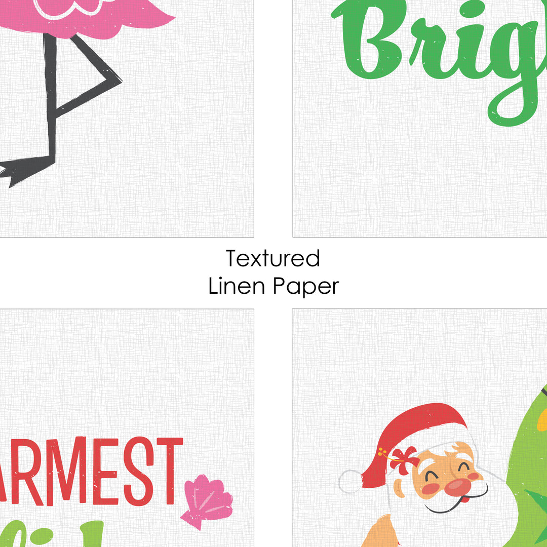 Tropical Christmas - Unframed Beach Santa and Flamingo Holiday Linen Paper Wall Art - Set of 4 - Artisms - 8 x 10 inches