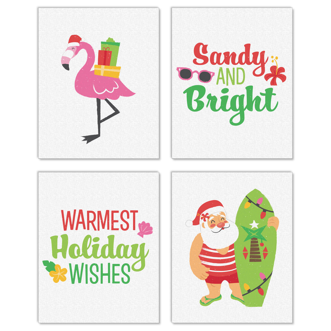 Tropical Christmas - Unframed Beach Santa and Flamingo Holiday Linen Paper Wall Art - Set of 4 - Artisms - 8 x 10 inches
