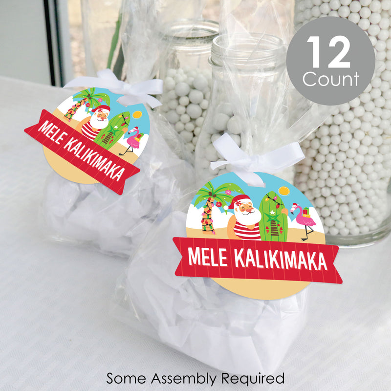 Tropical Christmas - Beach Santa Holiday Party Clear Goodie Favor Bags - Treat Bags With Tags - Set of 12