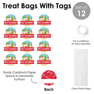 Tropical Christmas - Beach Santa Holiday Party Clear Goodie Favor Bags - Treat Bags With Tags - Set of 12
