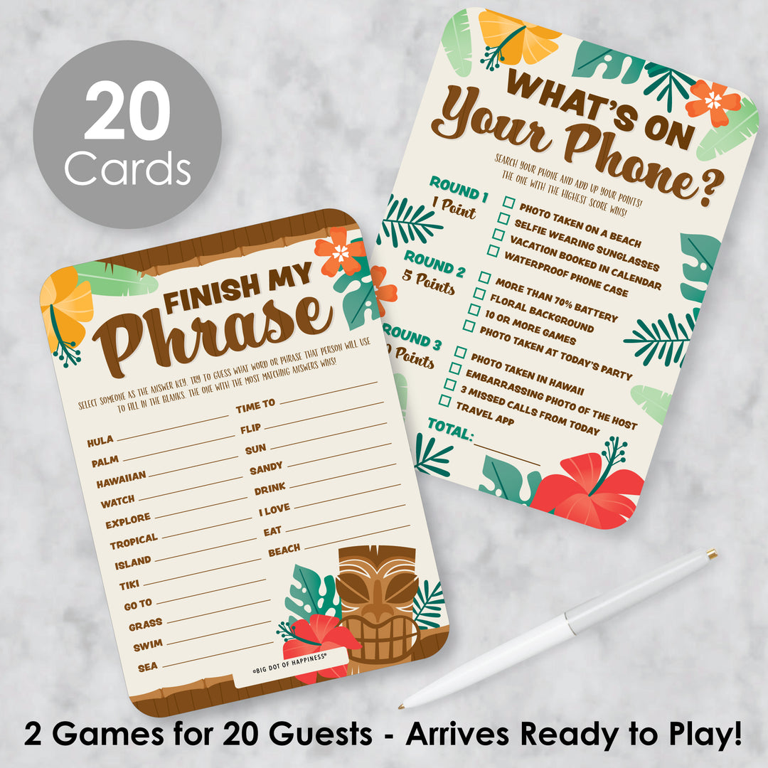 Tropical Luau - 2-in-1 Hawaiian Beach Party Cards - Activity Duo Games - Set of 20