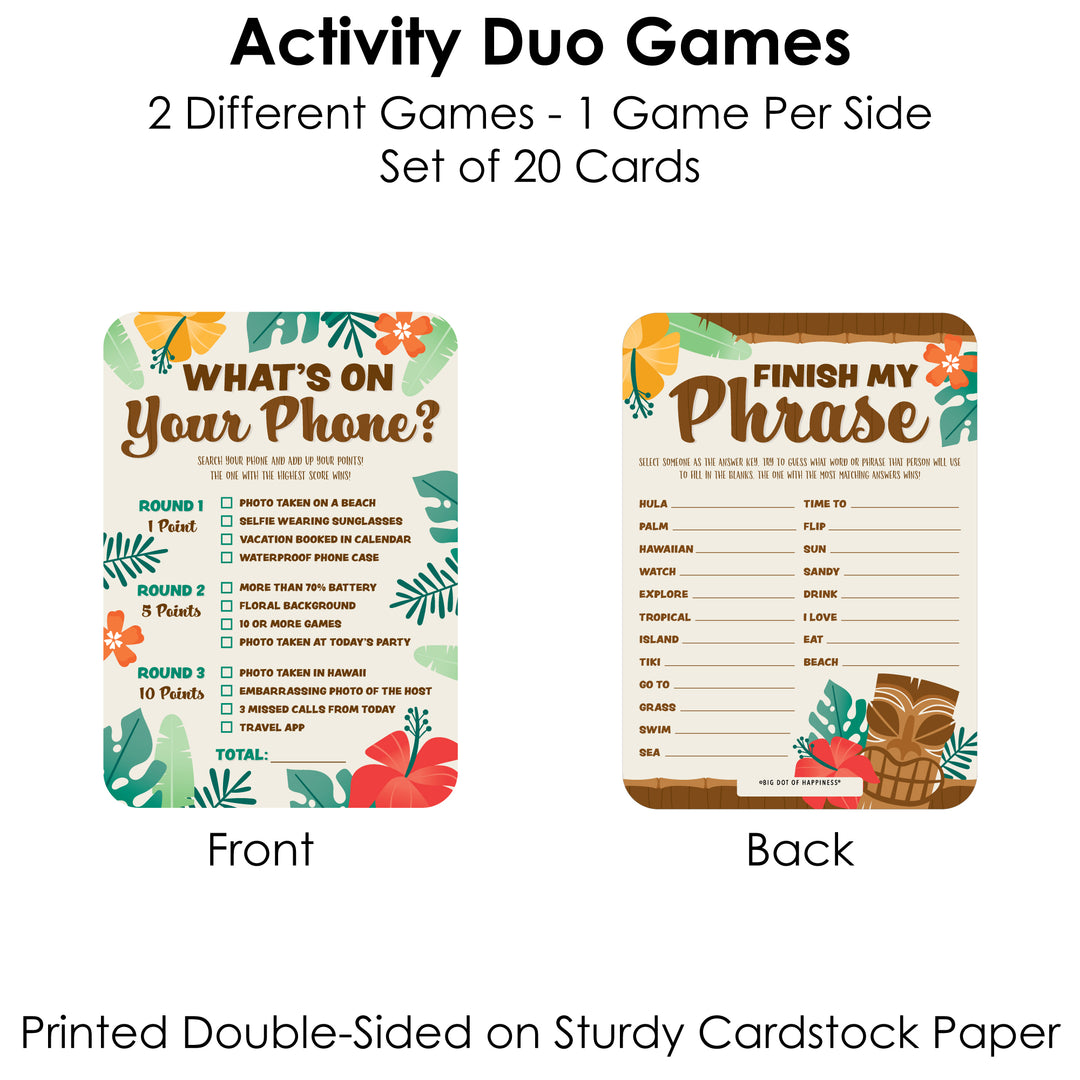 Tropical Luau - 2-in-1 Hawaiian Beach Party Cards - Activity Duo Games - Set of 20
