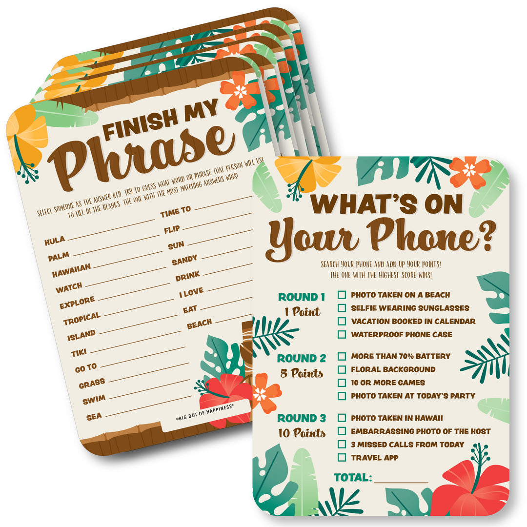 Tropical Luau - 2-in-1 Hawaiian Beach Party Cards - Activity Duo Games - Set of 20