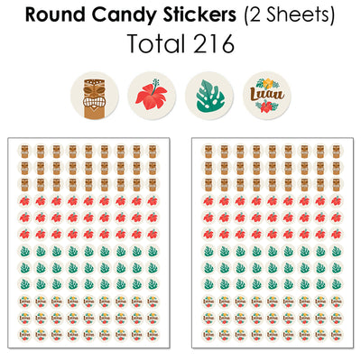 Tropical Luau - Mini Candy Bar Wrappers, Round Candy Stickers and Circle Stickers - Hawaiian Beach Party Candy Favor Sticker Kit - 304 Pieces