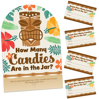 Tropical Luau - How Many Candies Hawaiian Beach Party Game - 1 Stand and 40 Cards - Candy Guessing Game