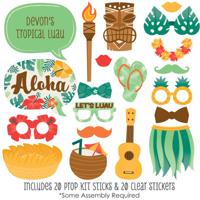 Tropical Luau - Personalized Hawaiian Beach Party Photo Booth Props Kit - 20 Count