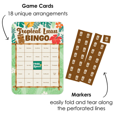 Tropical Luau - Bingo Cards and Markers - Hawaiian Beach Party Shaped Bingo Game - Set of 18