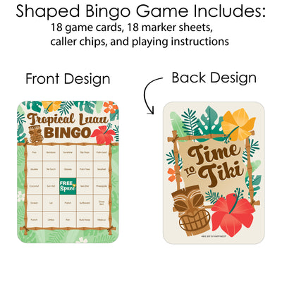 Tropical Luau - Bingo Cards and Markers - Hawaiian Beach Party Shaped Bingo Game - Set of 18