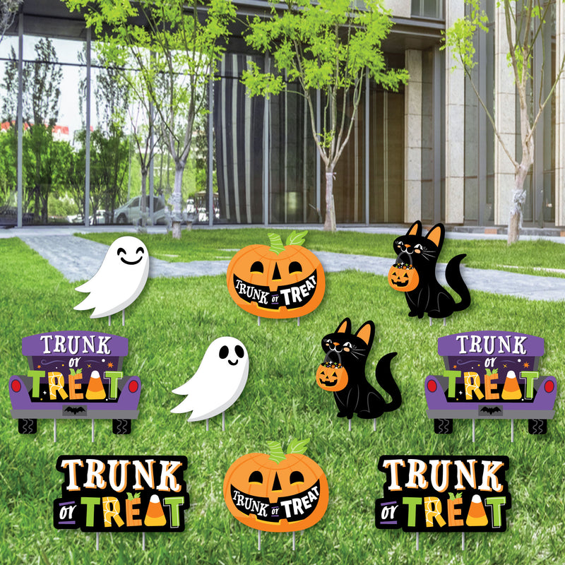 Trunk or Treat - Cat Pumpkin Trunk Lawn Decorations - Outdoor Halloween Car Parade Party Yard Decorations - 10 Piece
