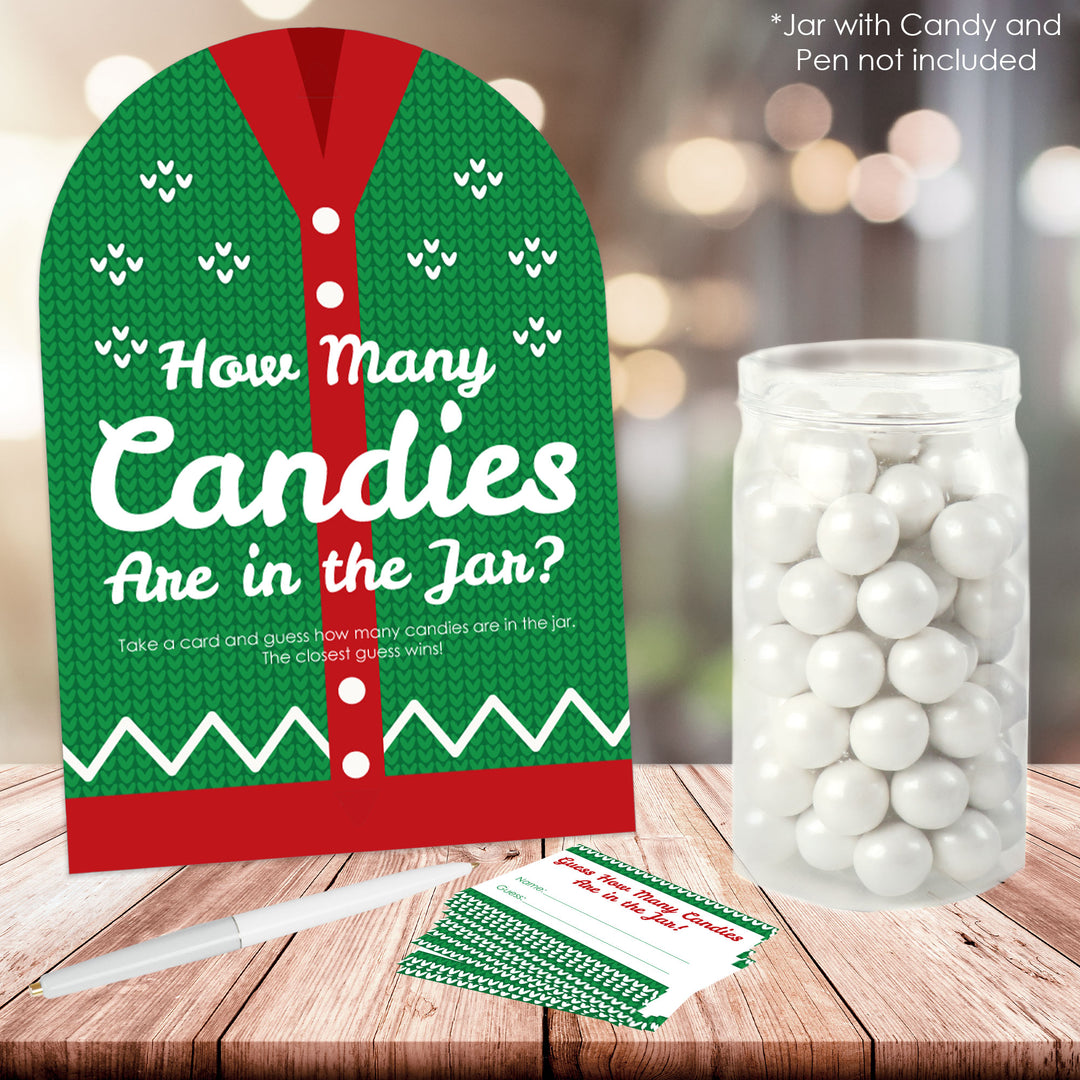Ugly Sweater - How Many Candies Holiday and Christmas Party Game - 1 Stand and 40 Cards - Candy Guessing Game