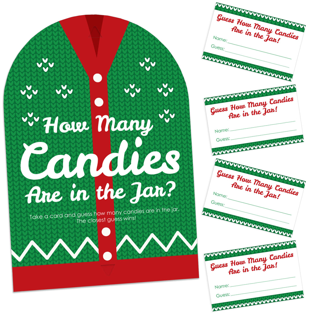 A set of Ugly Sweater themed game cards for holiday and Christmas parties, with a stand sign that reads 'How Many Candies Are in the Jar?' and additional cards with the same text.