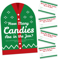 A set of Ugly Sweater themed game cards for holiday and Christmas parties, with a stand sign that reads 'How Many Candies Are in the Jar?' and additional cards with the same text.