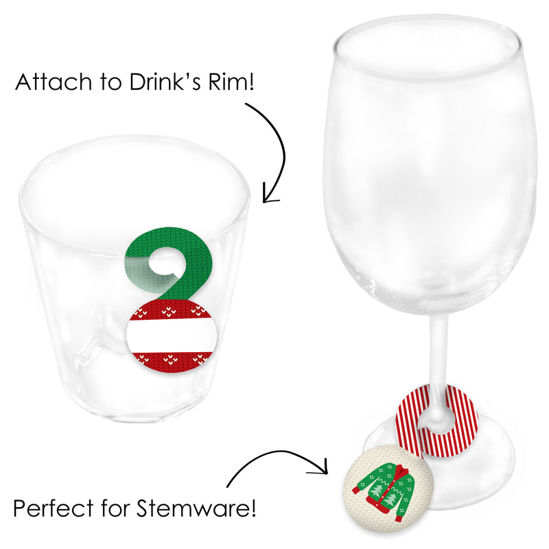 Ugly Sweater - Holiday and Christmas Party Paper Beverage Markers for Glasses - Drink Tags - Set of 24