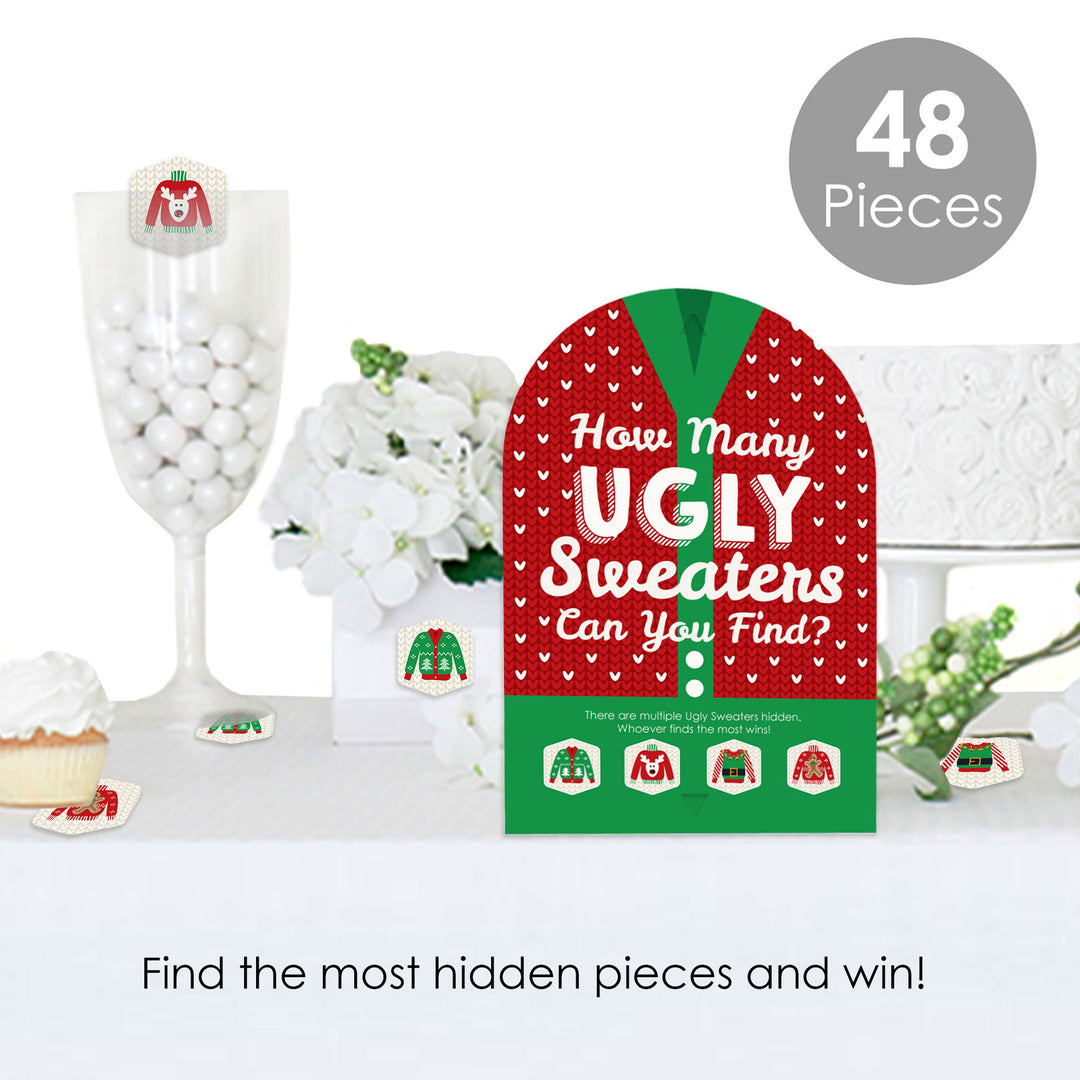 Ugly Sweater - Holiday and Christmas Party Scavenger Hunt - 1 Stand and 48 Game Pieces - Hide and Find Game