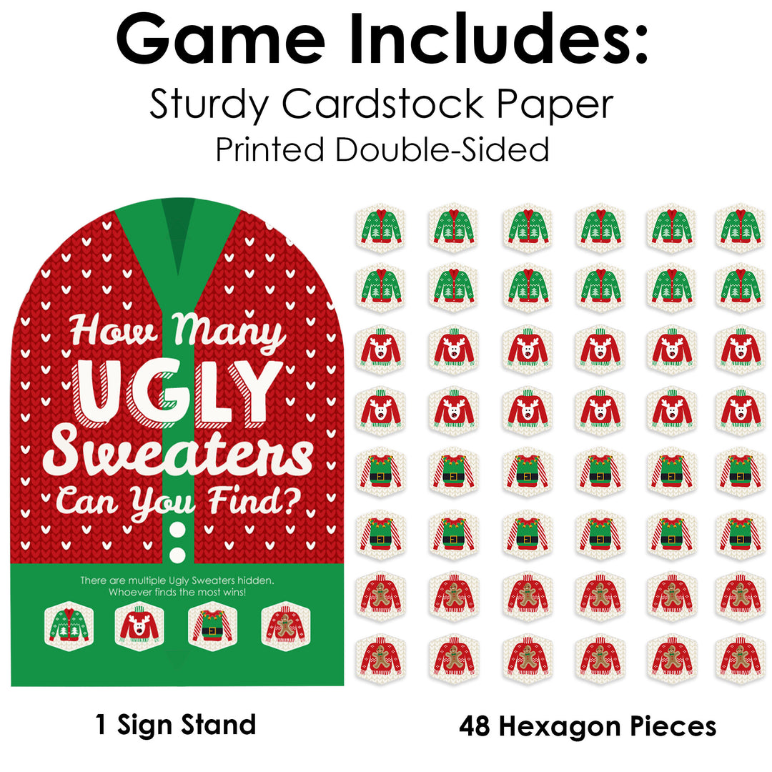 Ugly Sweater - Holiday and Christmas Party Scavenger Hunt - 1 Stand and 48 Game Pieces - Hide and Find Game