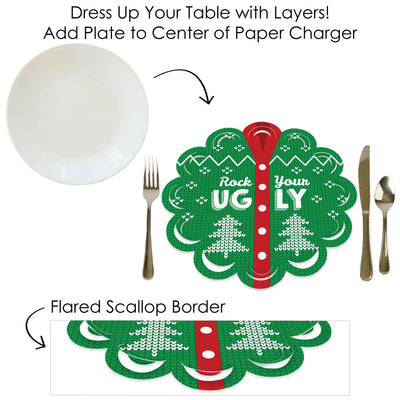 Ugly Sweater - Holiday and Christmas Party Round Table Decorations - Paper Chargers - Place Setting For 12