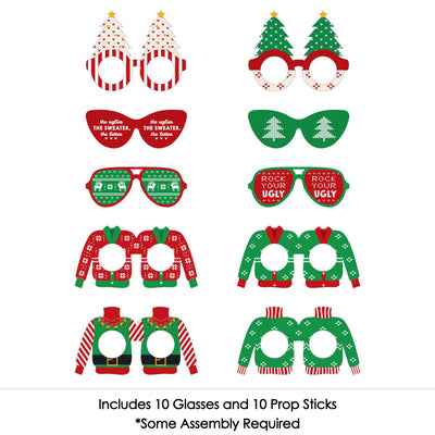 Ugly Sweater Glasses and Masks - Paper Card Stock Holiday & Christmas Party Photo Booth Props Kit - 10 Count