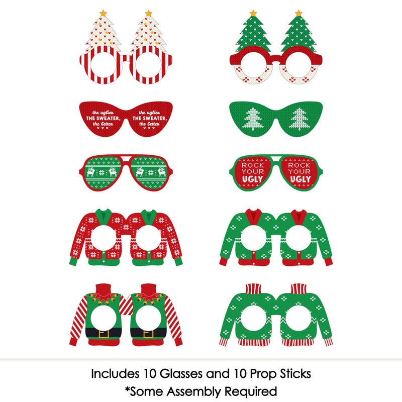 Ugly Sweater Glasses and Masks - Paper Card Stock Holiday & Christmas Party Photo Booth Props Kit - 10 Count