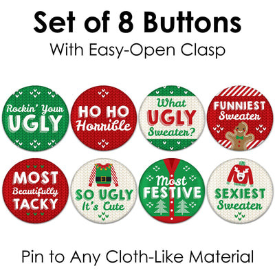 Ugly Sweater - 3 inch Holiday and Christmas Party Badge - Pinback Buttons - Set of 8