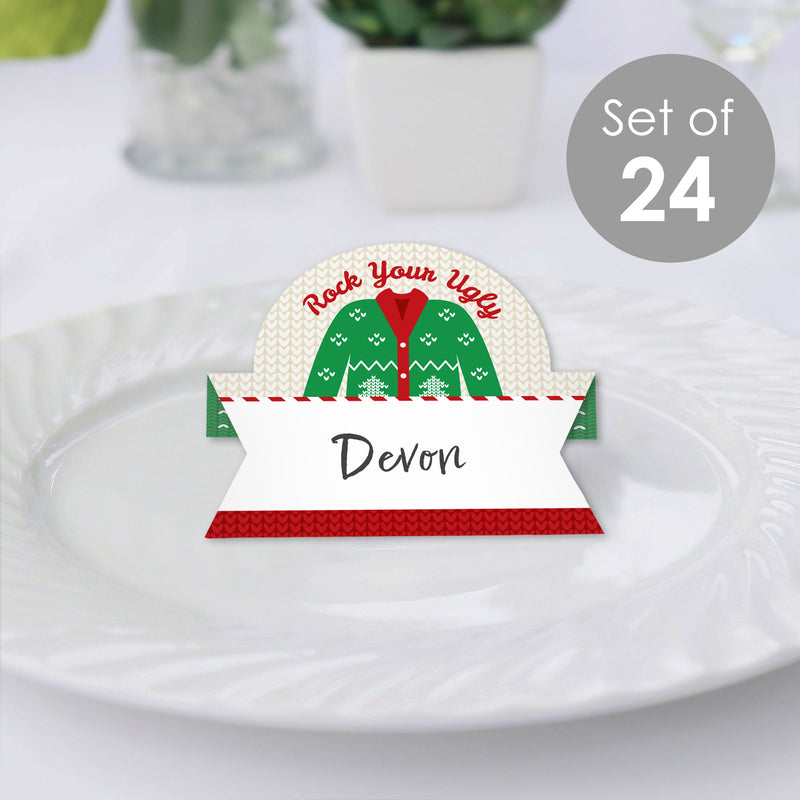 Ugly Sweater - Holiday and Christmas Party Tent Buffet Card - Table Setting Name Place Cards - Set of 24