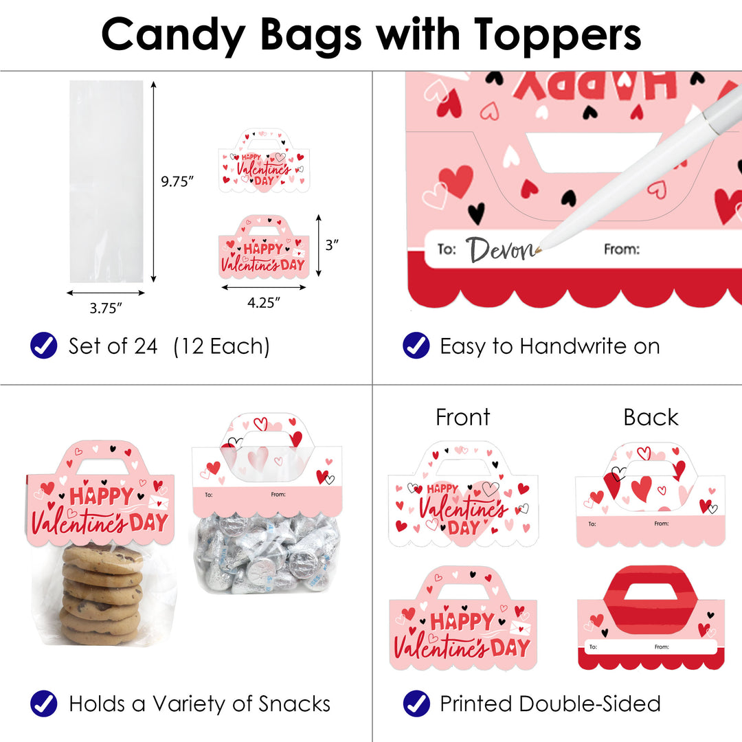 Happy Valentine’s Day - DIY Valentine Hearts Party Clear Goodie Favor Bag Labels - Candy Bags with Toppers - Set of 24