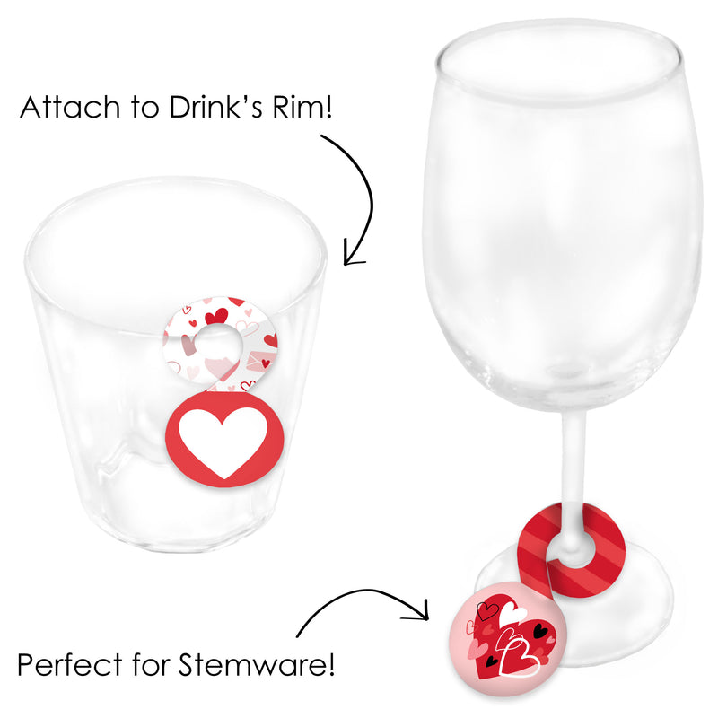 Happy Valentine’s Day - Valentine Hearts Party Paper Beverage Markers for Glasses - Drink Tags - Set of 24