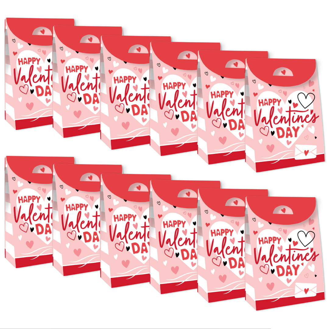 Happy Valentine’s Day - Valentine Hearts Gift Favor Bags - Party Goodie Boxes - Set of 12