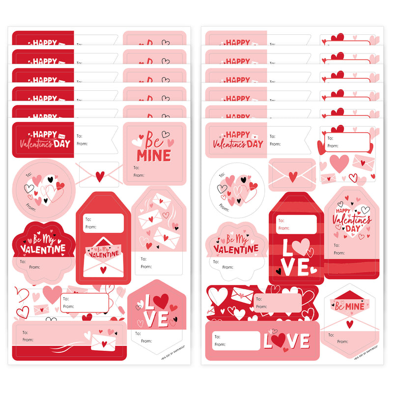 Happy Valentine’s Day - Assorted Valentine Hearts Party Gift Tag Labels - To and From Stickers - 12 Sheets - 120 Stickers