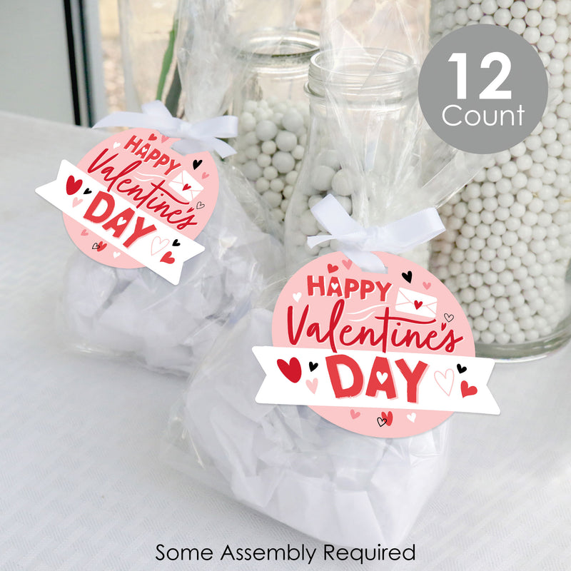 Happy Valentine’s Day - Valentine Hearts Party Clear Goodie Favor Bags - Treat Bags With Tags - Set of 12