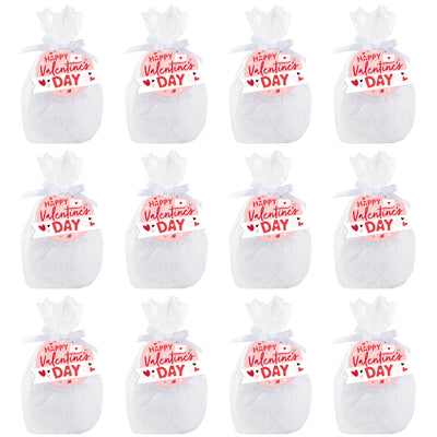 Happy Valentine’s Day - Valentine Hearts Party Clear Goodie Favor Bags - Treat Bags With Tags - Set of 12