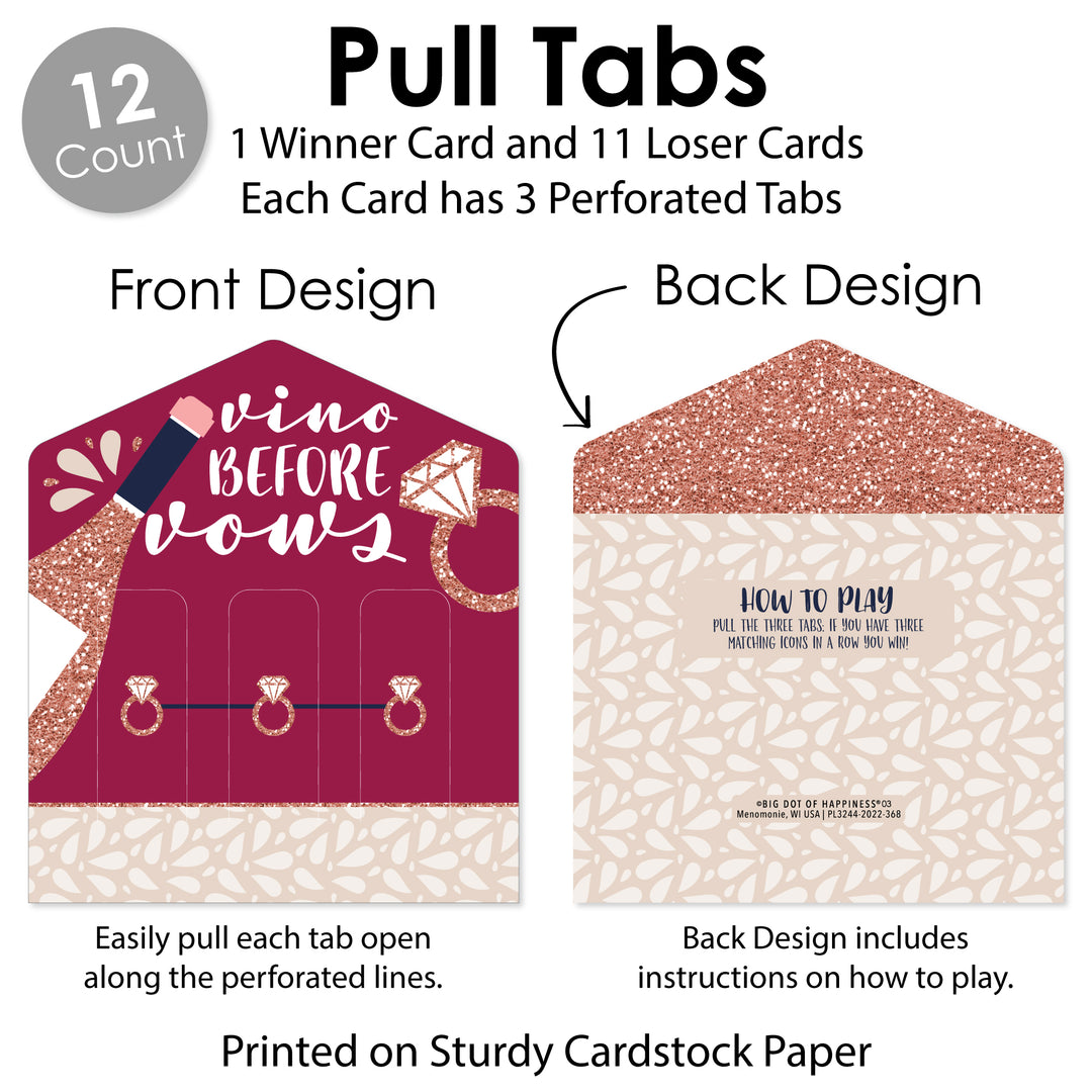 Vino Before Vows - Winery Bridal Shower or Bachelorette Party Game Pickle Cards - Pull Tabs 3-in-a-Row - Set of 12
